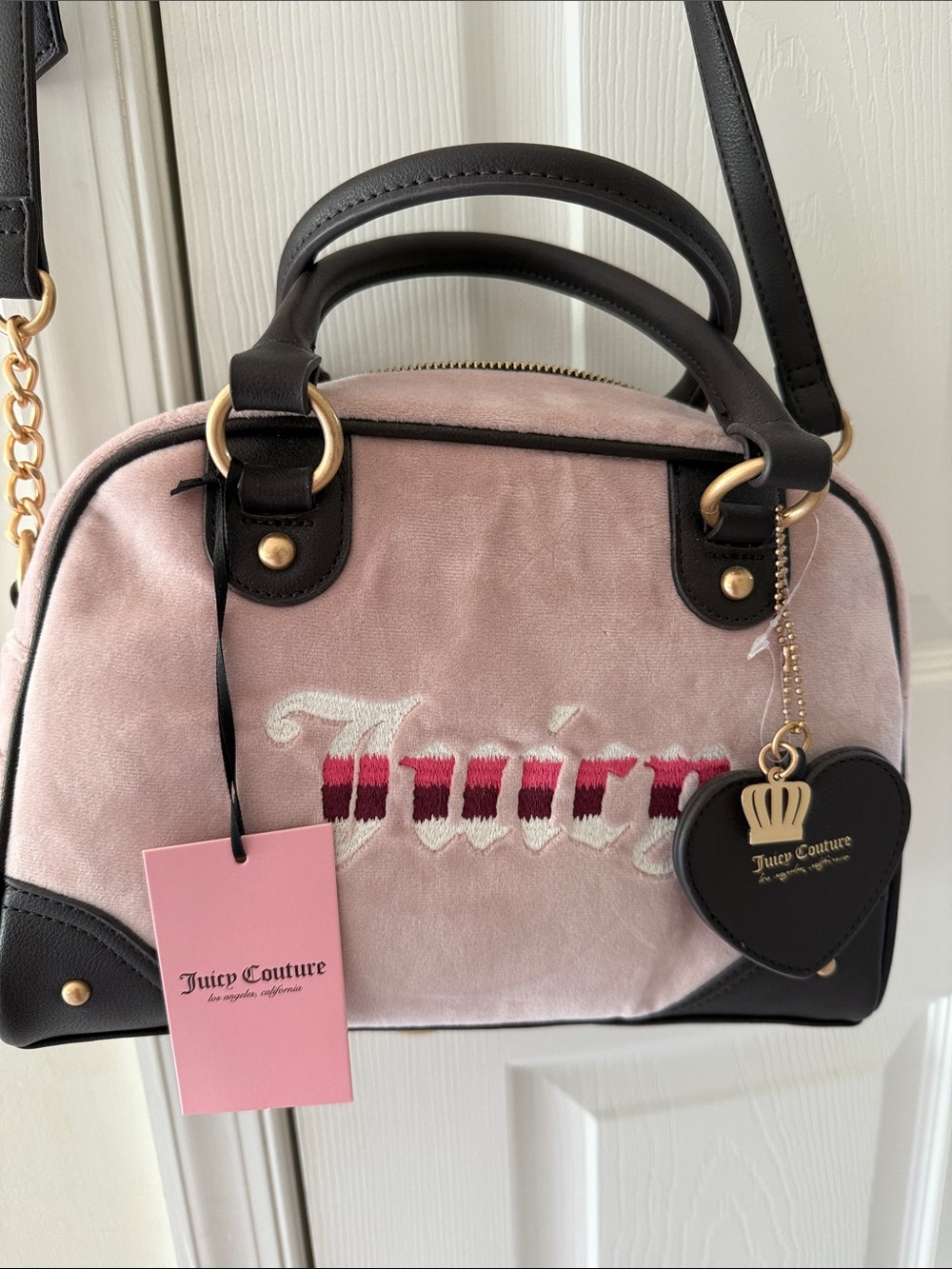 NWT Juicy Couture Pink and Brown Suede Satchel with Embroidered Logo